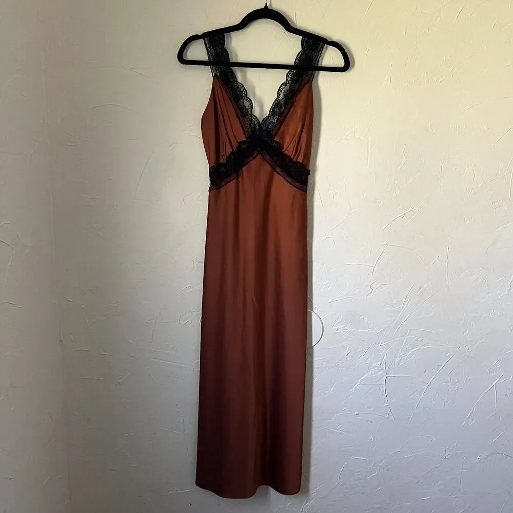 Abercrombie & Fitch Brown Copper Satin Lace Trim Slip Dress Maxi Coquette XS